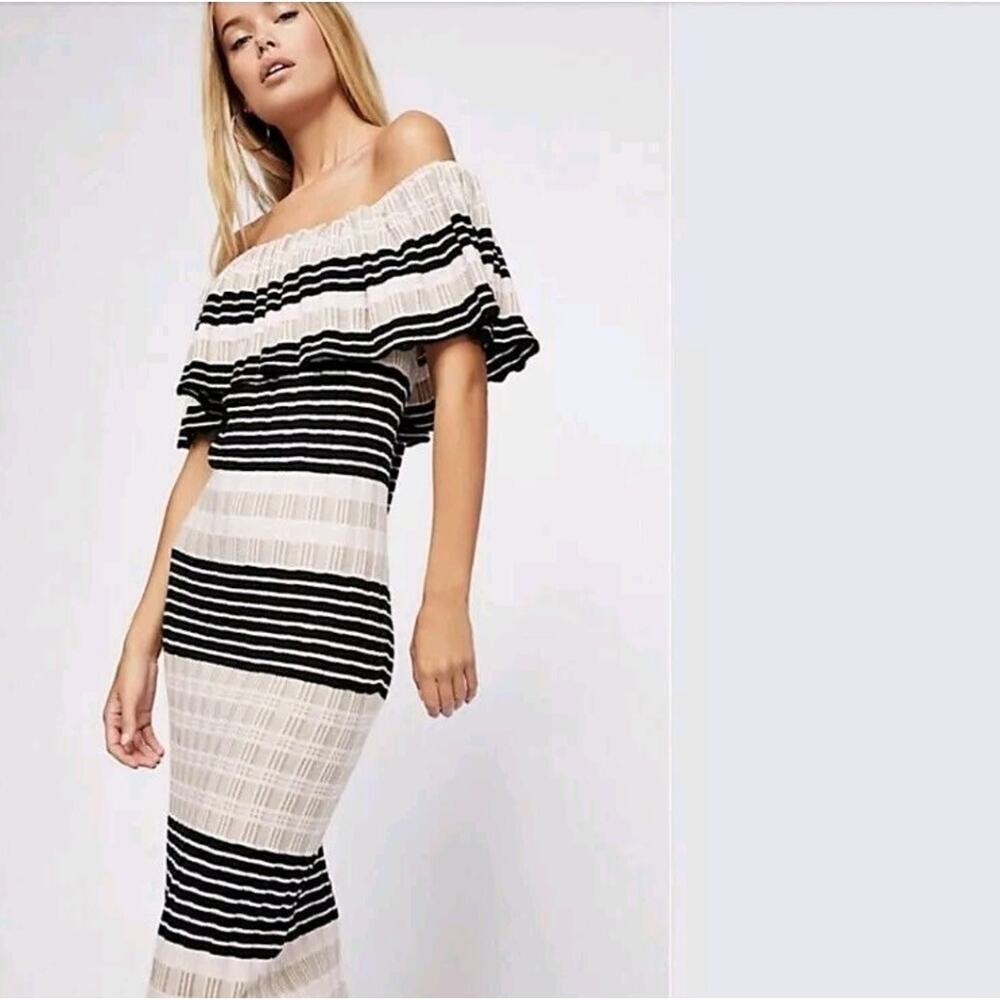 Free People Off Duty Striped Knit Midi Off Shoulder Dress XS Can Fit M Tan Black